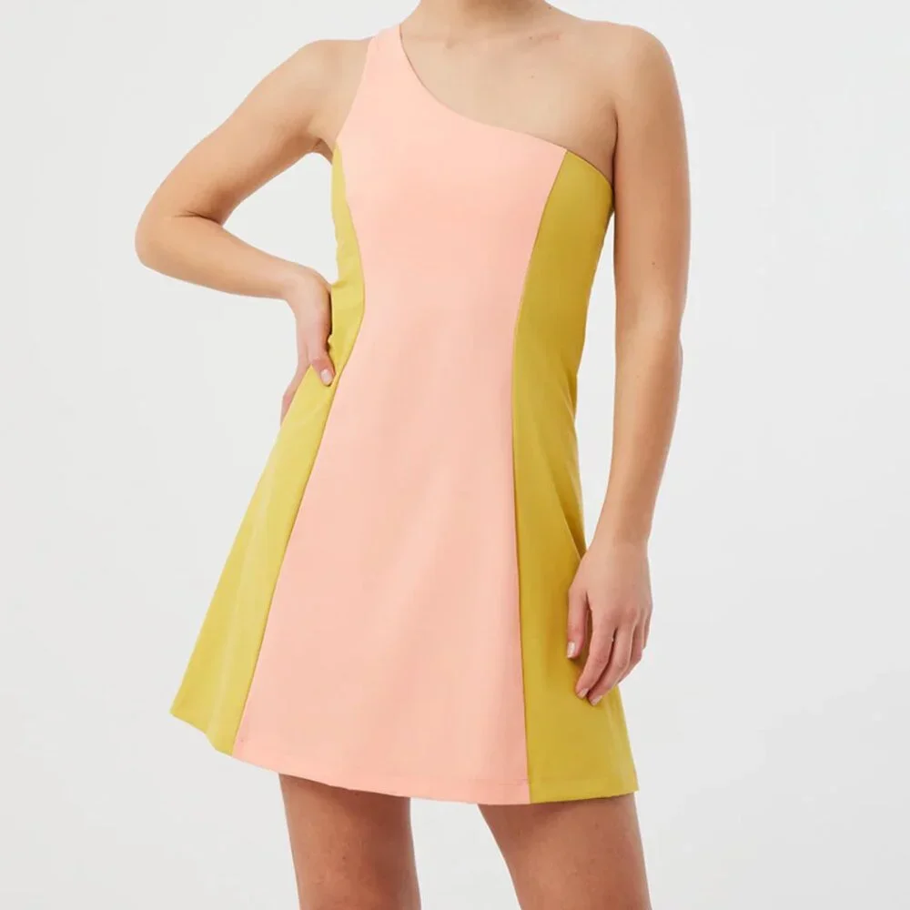 💙💖 NWT Outdoor Voices One Shoulder Colorblock Dress in Nectarine/Dijon - Picture 1 of 7